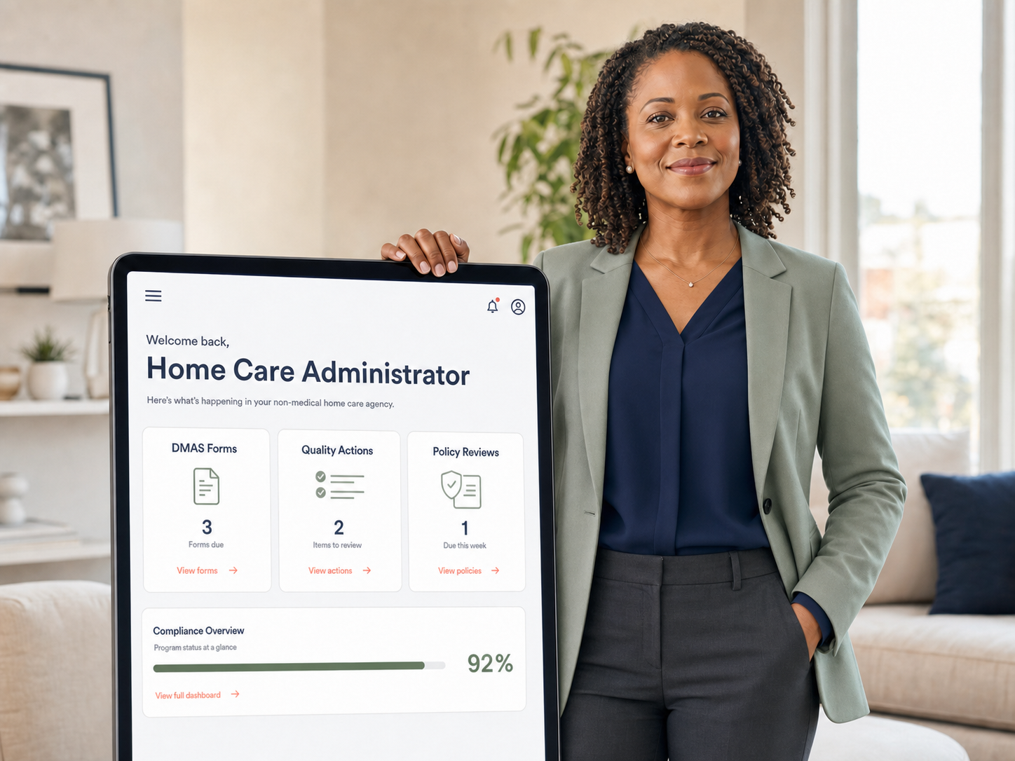 Non-medical home-care administrator presenting the Harbor CareOps dashboard on a tablet